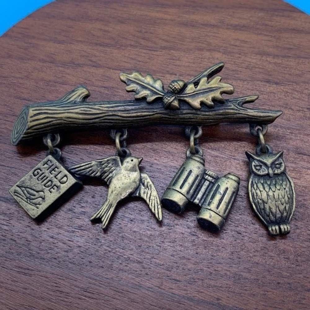 Vintage JJ Jonette Jewelry Bird Watching Brooch Field Guide Owl Binoculars Pin